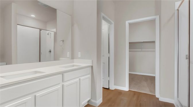 Bathroom, Dual Sink Vanities, Interior, Recessed Lighting, Walk-in Closets, Wood Texture Flooring