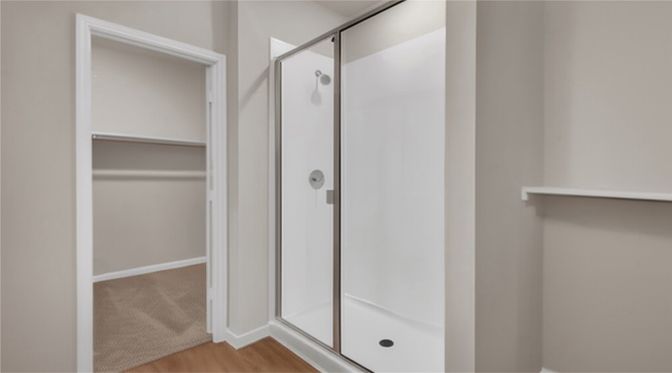 Bathroom, Glass Shower, Interior, Walk-in Closets, Wood Texture Flooring