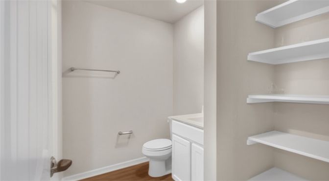 Bathroom, Interior, Recessed Lighting, Wood Texture Flooring