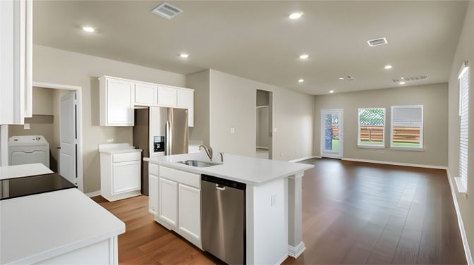 Interior, Kitchen, Recessed Lighting, Stainless Steel Appliances, Wood Texture Flooring