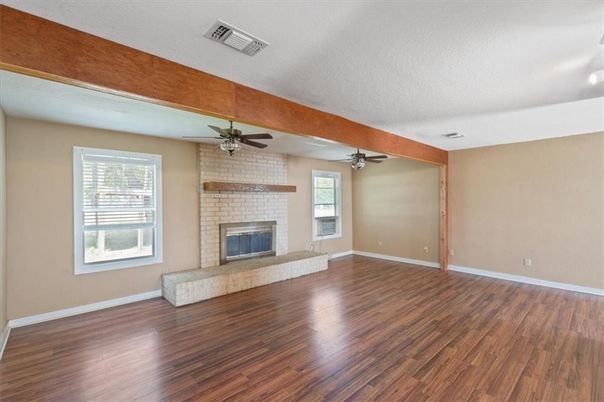 Empty room, Fireplace, Interior, Stone Walls, Wood Texture Flooring