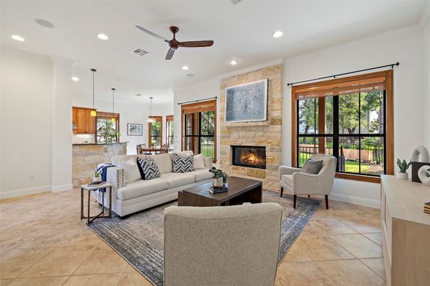 Fireplace, Interior, Living room, Pendant Lights, Recessed Lighting, Stone Walls