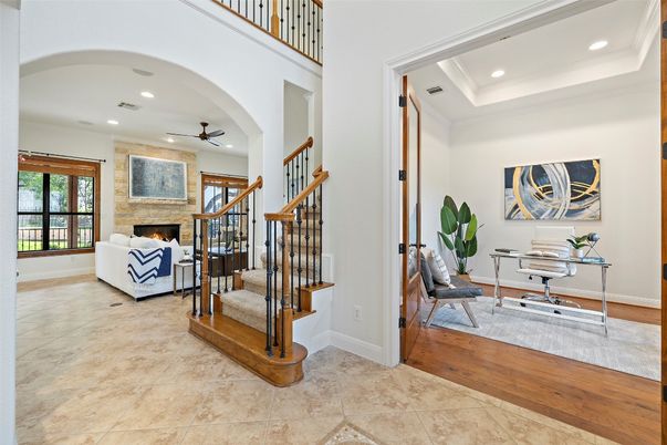 Fireplace, Home Office, Interior, Recessed Lighting, Wood Texture Flooring