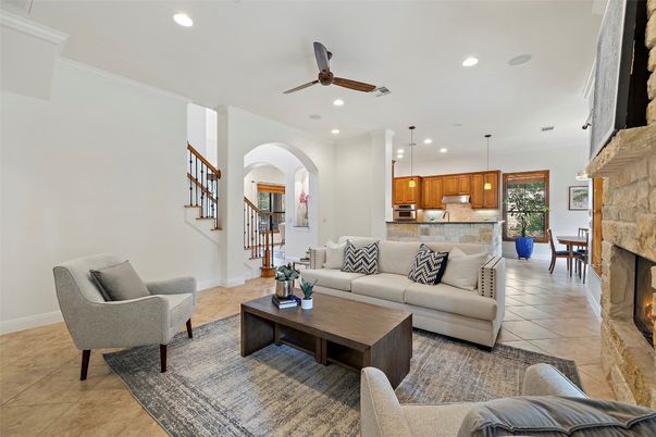Dining room, Fireplace, Interior, Kitchen, Living room, Pendant Lights, Recessed Lighting