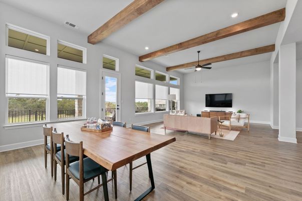 Dining room, Interior, Living room, Recessed Lighting, Wooden Beams, Wood Texture Flooring