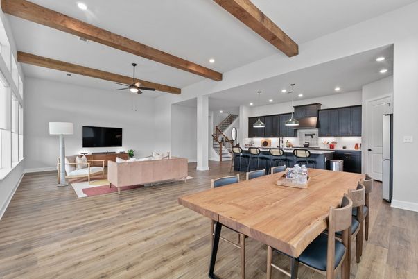 Dining room, Interior, Kitchen, Living room, Pendant Lights, Recessed Lighting, Wooden Beams, Wood Texture Flooring