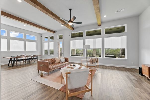 Dining room, Interior, Living room, Recessed Lighting, Wooden Beams, Wood Texture Flooring