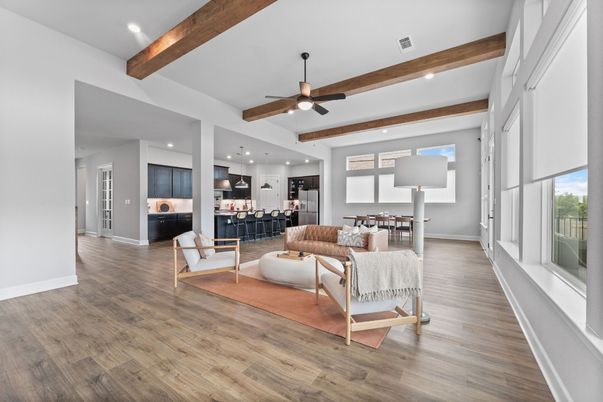 Dining room, Interior, Kitchen, Living room, Recessed Lighting, Stainless Steel Appliances, Wooden Beams, Wood Texture Flooring