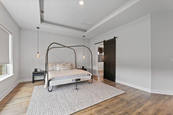 Bedroom, Interior, Pendant Lights, Recessed Lighting, Wood Texture Flooring