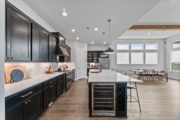 Dining room, Interior, Kitchen, Pendant Lights, Recessed Lighting, Stainless Steel Appliances, Wooden Beams, Wood Texture Flooring