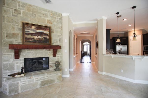 Fireplace, Interior, Pendant Lights, Recessed Lighting, Stone Walls