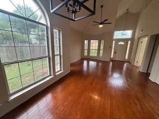 Chandelier, Empty room, Interior, Pendant Lights, Wood Texture Flooring