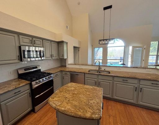 Interior, Kitchen, Pendant Lights, Stainless Steel Appliances, Wood Texture Flooring