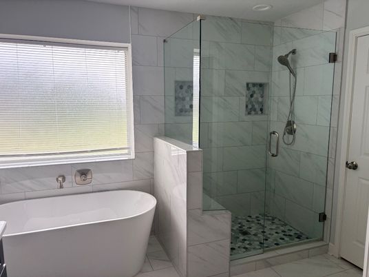 Bathroom, Free Standing Baths, Glass Shower, Interior, Marble Walls, Recessed Lighting