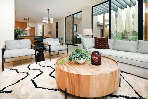 Interior, Living room, Pendant Lights, Recessed Lighting, Stone Walls