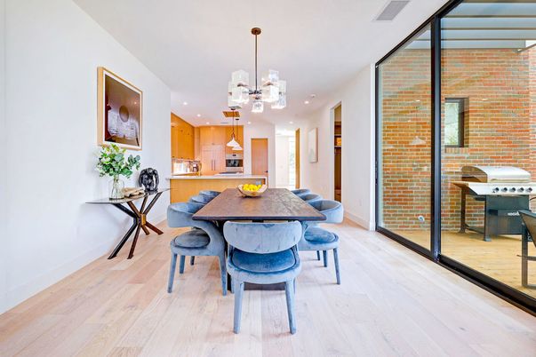 Dining room, Interior, Kitchen, Pendant Lights, Recessed Lighting, Stone Walls, Wood Texture Flooring