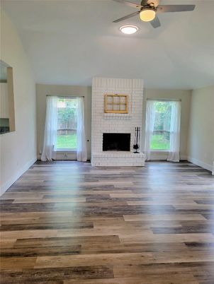 Empty room, Fireplace, Interior, Recessed Lighting, Wood Texture Flooring
