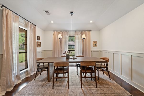 Dining room, Interior, Pendant Lights, Recessed Lighting, Wood Texture Flooring