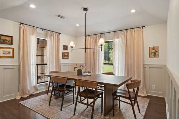 Dining room, Interior, Pendant Lights, Recessed Lighting, Wood Texture Flooring