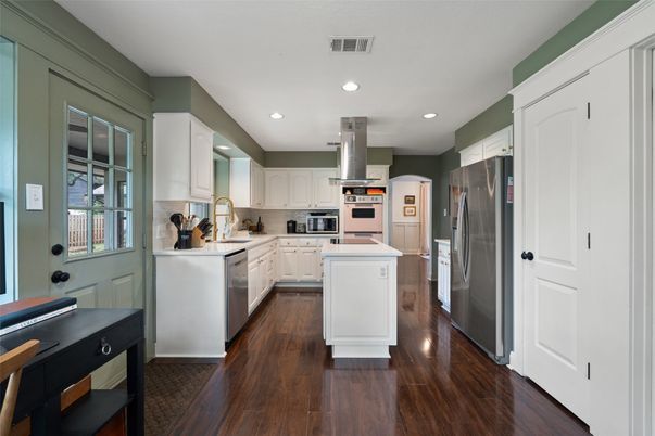 Interior, Kitchen, Recessed Lighting, Stainless Steel Appliances, Wood Texture Flooring