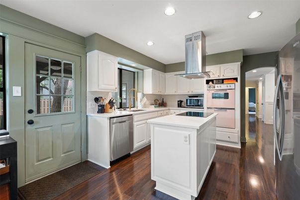 Interior, Kitchen, Recessed Lighting, Stainless Steel Appliances, Wood Texture Flooring