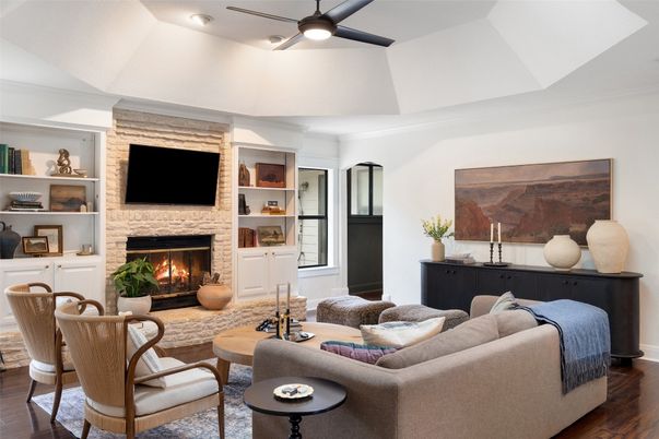 Fireplace, Interior, Living room, Recessed Lighting, Stone Walls, Wood Texture Flooring