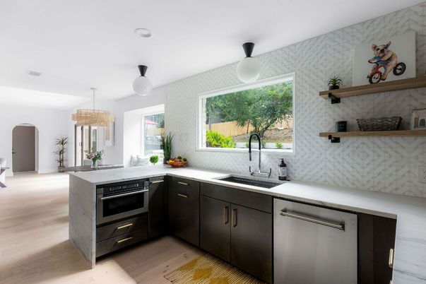 Chandelier, Interior, Kitchen, Recessed Lighting, Stainless Steel Appliances, Wood Texture Flooring
