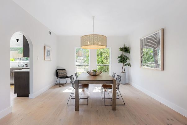 Dining room, Interior, Pendant Lights, Wood Texture Flooring