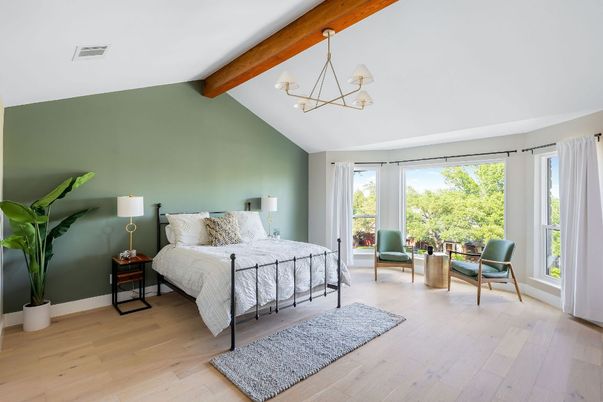 Bedroom, Chandelier, Interior, Pendant Lights, Wooden Beams, Wood Texture Flooring