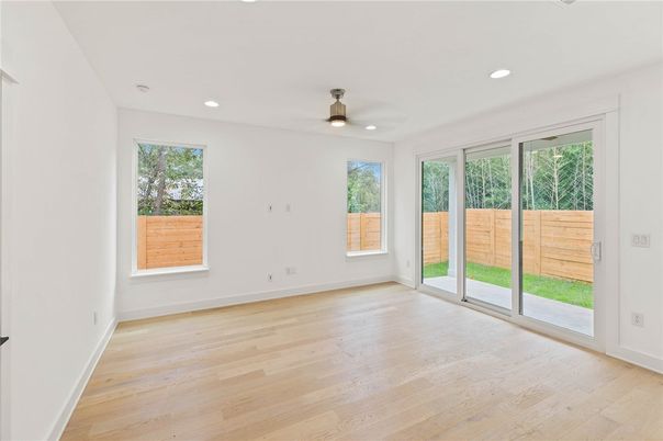 Empty room, Interior, Recessed Lighting, Wood Texture Flooring