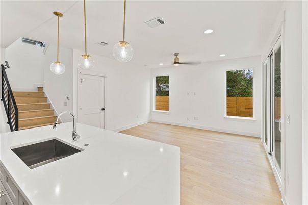 Interior, Kitchen, Pendant Lights, Recessed Lighting, Wood Texture Flooring