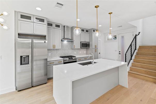 Interior, Kitchen, Pendant Lights, Recessed Lighting, Stainless Steel Appliances, Wood Texture Flooring