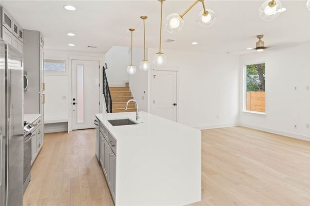 Interior, Kitchen, Pendant Lights, Recessed Lighting, Stainless Steel Appliances, Wood Texture Flooring