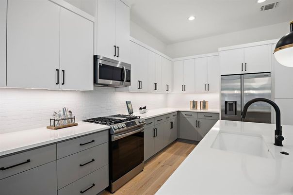 Interior, Kitchen, Recessed Lighting, Stainless Steel Appliances, Wood Texture Flooring