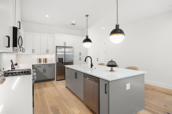 Interior, Kitchen, Pendant Lights, Recessed Lighting, Stainless Steel Appliances, Wood Texture Flooring