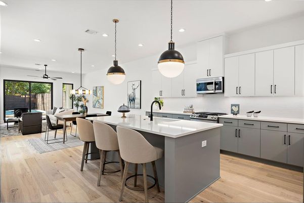 Dining room, Interior, Kitchen, Living room, Pendant Lights, Recessed Lighting, Stainless Steel Appliances, Wood Texture Flooring