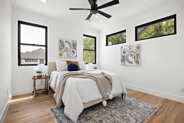 Bedroom, Interior, Recessed Lighting, Wood Texture Flooring