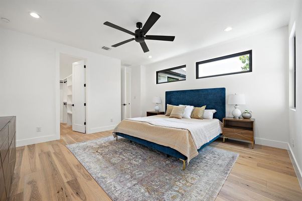 Bedroom, Interior, Recessed Lighting, Wood Texture Flooring