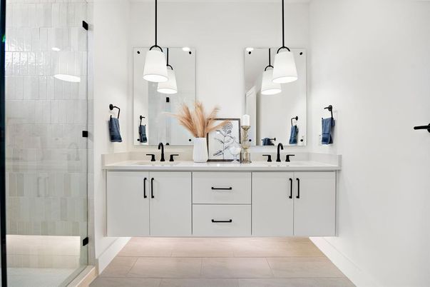 Bathroom, Dual Sink Vanities, Glass Shower, Interior, Pendant Lights
