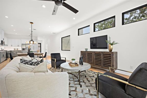 Dining room, Interior, Kitchen, Living room, Pendant Lights, Recessed Lighting, Wood Texture Flooring