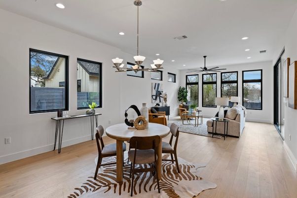 Chandelier, Dining room, Interior, Living room, Pendant Lights, Recessed Lighting, Wood Texture Flooring