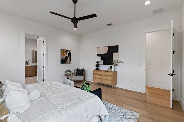 Bedroom, Interior, Recessed Lighting, Wood Texture Flooring