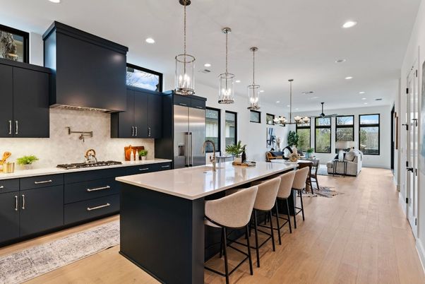 Dining room, Interior, Kitchen, Living room, Pendant Lights, Recessed Lighting, Stainless Steel Appliances, Wood Texture Flooring