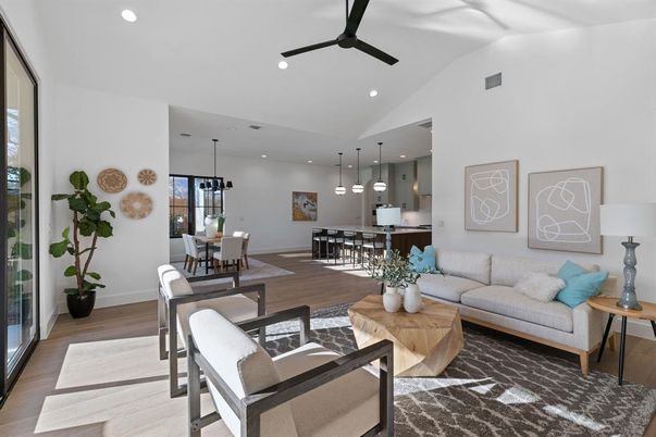 Dining room, Interior, Living room, Pendant Lights, Recessed Lighting, Wood Texture Flooring