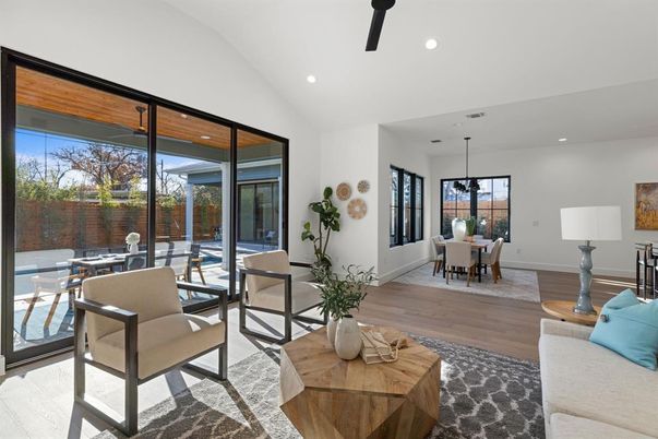 Dining room, Interior, Pendant Lights, Recessed Lighting, Wood Texture Flooring