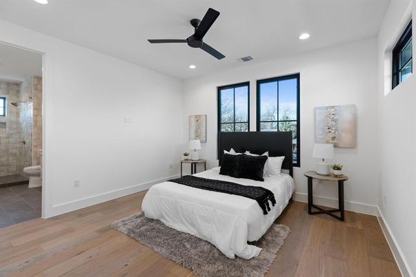 Bathroom, Bedroom, Glass Shower, Interior, Recessed Lighting, Wood Texture Flooring