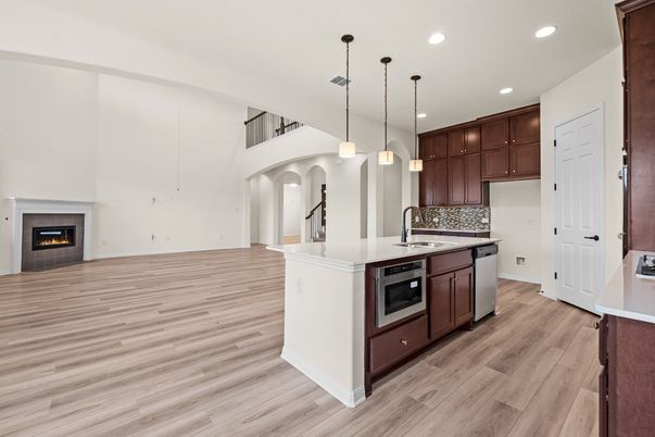 Fireplace, Interior, Kitchen, Pendant Lights, Recessed Lighting, Wood Texture Flooring