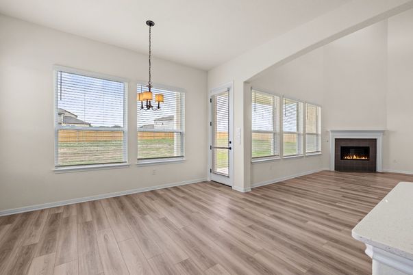 Empty room, Fireplace, Interior, Pendant Lights, Wood Texture Flooring