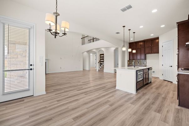 Chandelier, Interior, Kitchen, Pendant Lights, Recessed Lighting, Wood Texture Flooring