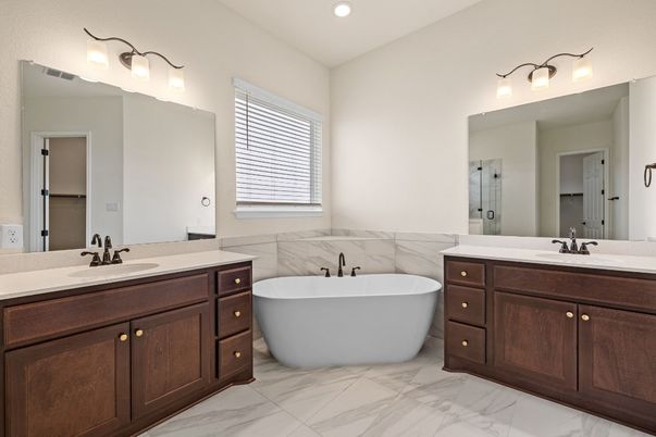 Bathroom, Dual Sink Vanities, Free Standing Baths, Interior, Marble, Recessed Lighting